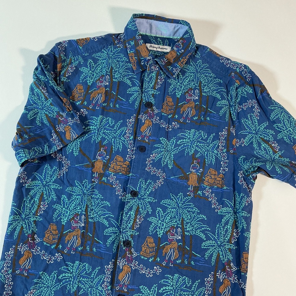 Tommy Bahama Hula Hideaway Silk Hawaiian Camp Shirt Blue Size S